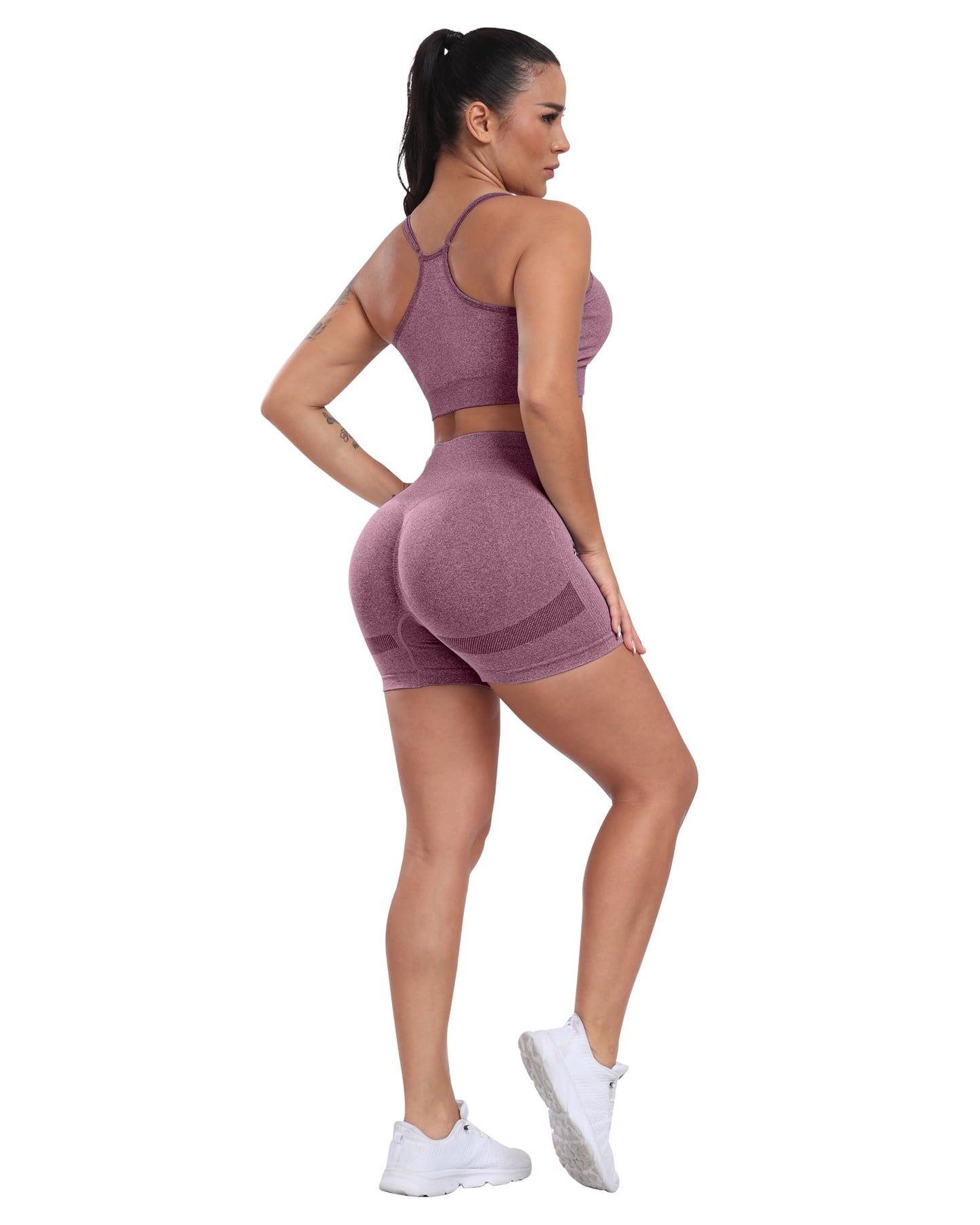 CHRLEISURE Women's 4 Packs Workout Gym Shorts, High Waisted Butt Lifting Scrunch Butt Seamless Booty Shorts(Black,Black,DGray,Wine,S)