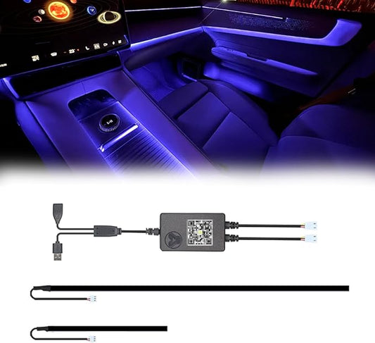 2021-2023 Tesla Model 3 Y Interior Car Neon Lights (Center Console+Dashboard+4 Foot Lights) with Matching Armrest Organizer, Ambient APP-Controlled RGB LED Strip Lights