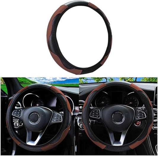 Car Steering Wheel Cover, 15 Inch PU Leather Carbon Fiber Elastic Stretch Without Inner Ring, Breathable Anti-Slip Auto Steering Wheel Protector for Women Men, Universal for Most Cars (Coffee)