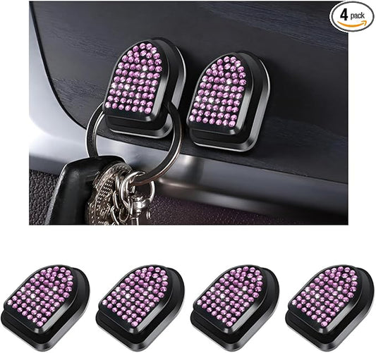 4 PCS Bling Car Mini Hooks, Cute Rhinestone Adhesive Back Seat Auto Hangers, Multifunctional Crystal Hanging Storage Hook for Vehicle Dashboard Wall Hat Coat Towel Key (Pink)
