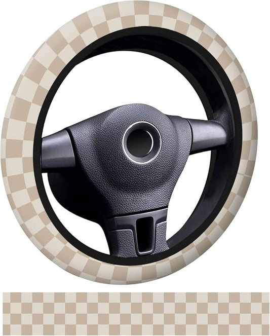 Car Steering Wheel Cover, Universal 15 Inch Neoprene Non-Slip Steering Wheel Covers, Funny Car Accessories for Women Men Fit Auto, Suvs, Truck Cute Beige Checkerboard