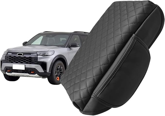 Center Console Armrest Cover Compatible with Ford Explorer 2020-2024 Leather Arm Rest Lid Protector Cushion Pad with Side Pockets Interior Accessories Prevent Scratching Black