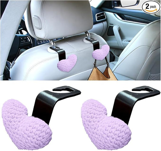 2PCS Car Headrest Hook, Cute Wool Heart Vehicle Seat Hangers for Umbrellas Grocery Bags, Automotive Interior Backseat Storage Organizer Hook, Universal for SUV, Sedan, Truck (Purple)