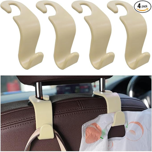 4PCS Car Seat Headrest Hook, Auto Back Seat Hanging Storage Organizer, Vehicle Seatback Hanger Holder for Purse Handbag Coat Umbrella, Universal Interior Car Accessories (Beige)