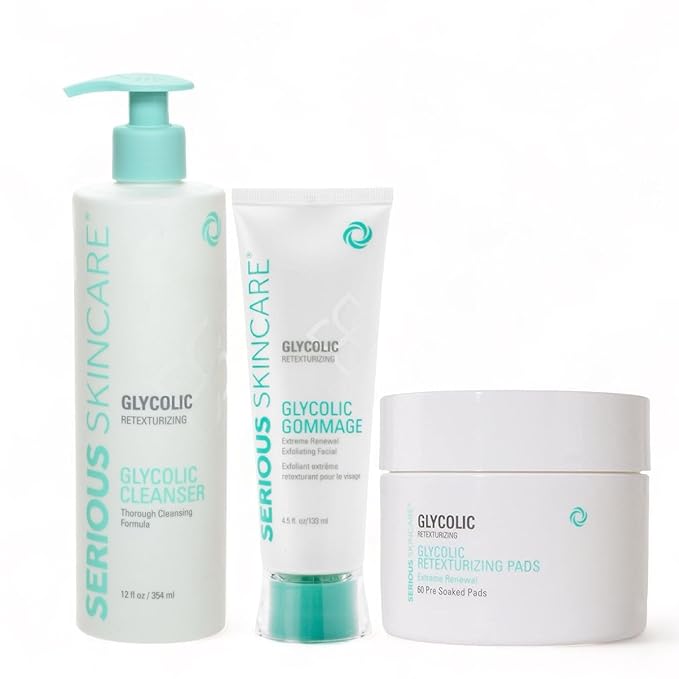 Serious Skincare - Glycolic Radiant Skin Set - Improve Appearance of Lines, Wrinkles and Enlarged Pores - Face Wash Cleanser, Gommage Exfoliating Clay Mask & Retexturizing Treatment Pads (3piece)