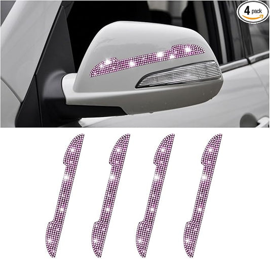 4PCS Bling Car Door Handle Scratch Protector, Crystal Rhinestone Sticker Car Door Edge Guard, Side Rearview Mirror Anti-Collision Strip, Exterior Accessories for Women Men (Pink)