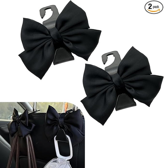 2PCS Car Seat Headrest Hooks, Cute Bow Purse Hook for Car, Vehicle Rear Seat Storage Hooks Hanger for Bag, Umbrellas, Purses, Universal Auto Interior Decorating Accessories (Satin-Black)