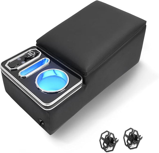 Center Console Organizer for Small SUV, Sedan, Truck, Rear Bench Seat Armrest Organizer with 7-Color Adjustable LED Lighting, Upgraded Automotive Center Storage Box with Fast Phone Charging
