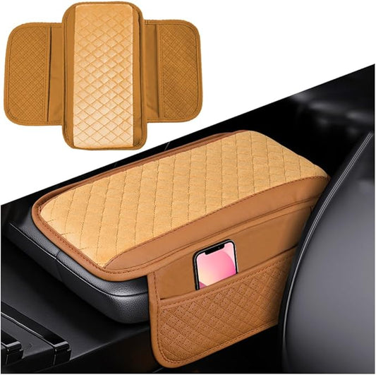 Car Center Console Cover, Leather Vehicle Armrest Cushion Pad with 2 Storage Bags, Auto Interior Middle Console Storage Box Protector Accessories, Universal for SUV, Sedan, Truck (Brown)