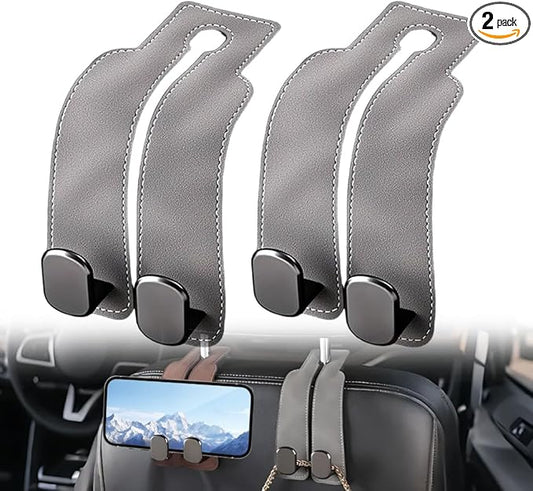 Car Seat Back Storage Hook, 2026 New Two Hook Fur Leather Seat Back Headrest Hanger Genuine Leather Double Metal Hook for Backseat Organizer, Car Organization Accessories (2, Gray)