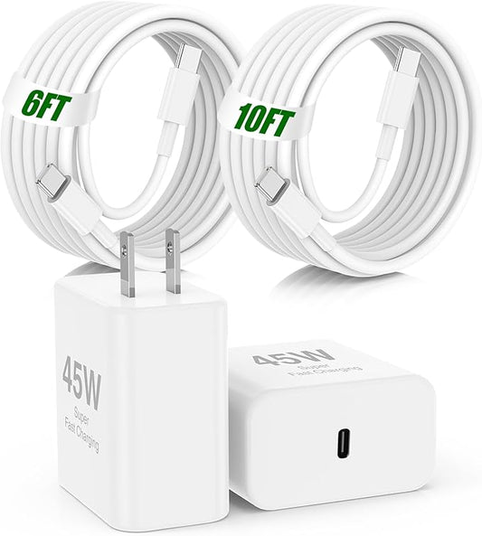 45W iPhone 17 16 15 Pro Max Charger Fast Charging,2Pack USB C Fast Charger Block with Long 10/6.6FT C to C Cable for Apple 17 Pro Max/16 Pro/15/iPad 13th,for Samsung S24 S25 Ultra
