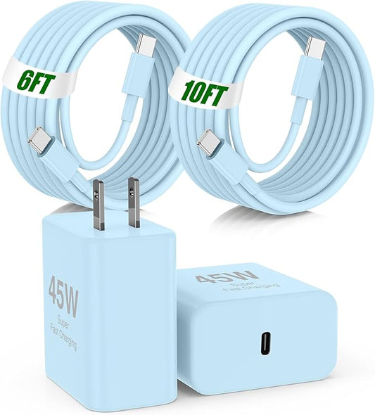 45W Super Fast Charger Type C for Samsung,2Pack USB C Fast Charging Block with 10/6FT Type C Charging Cord for Samsung Galaxy S24/S23/S22,Android,Galaxy Tablet,iPhone 17 16 Pro Max-Blue