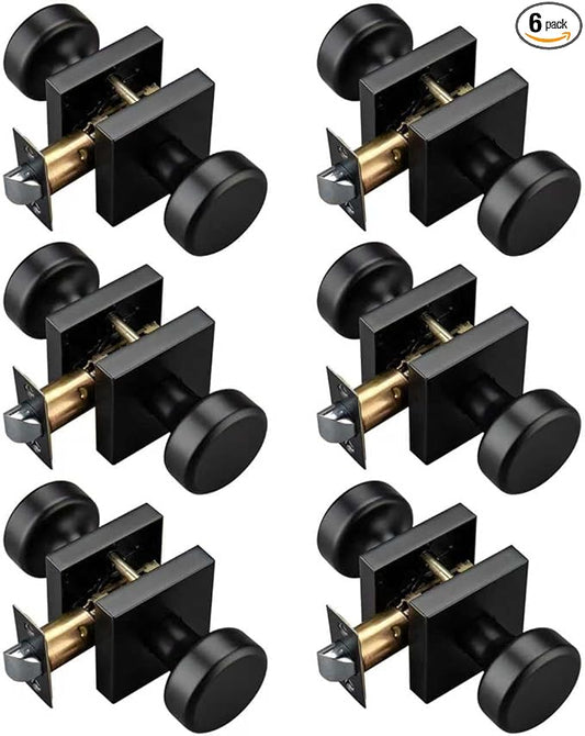 6 Pack Black Door Knobs Interior, Pismo Doorknobs with Square Rosette for Hall