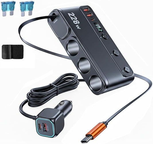 228W Car Charger Cigarette Lighter Splitter with Retractable USB-C Cable, 9-in-1 Multi-Port Car Power Adapter, Dual PD Fast Charging, LED Voltmeter for 12V–24V Vehicles
