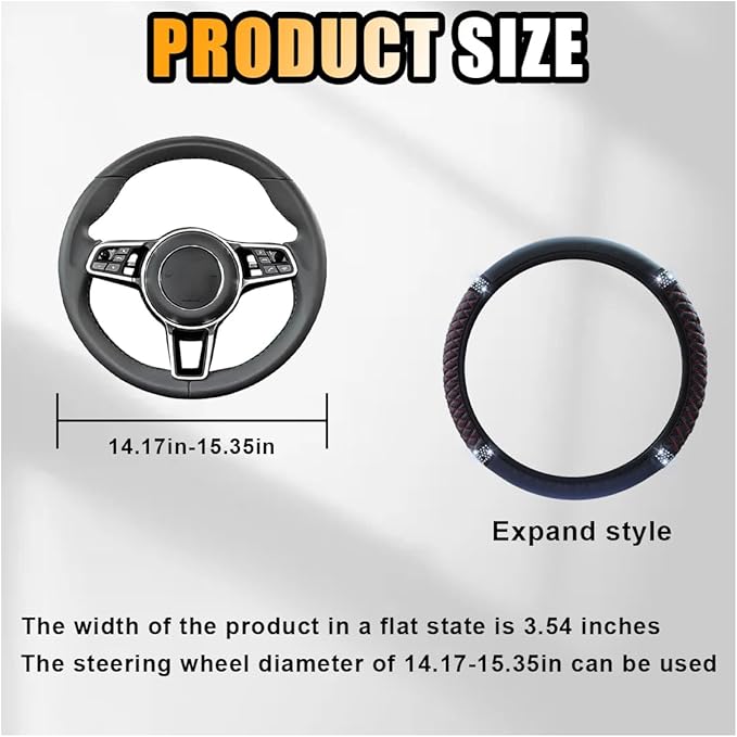 Bling Soft Leather Steering Wheel Cover, 15 Inch Colorful Rhinestones Auto Elastic Protector with Crystal Diamond for Women Girls, Car Accessories for Most Cars, SUVs (Black Red)