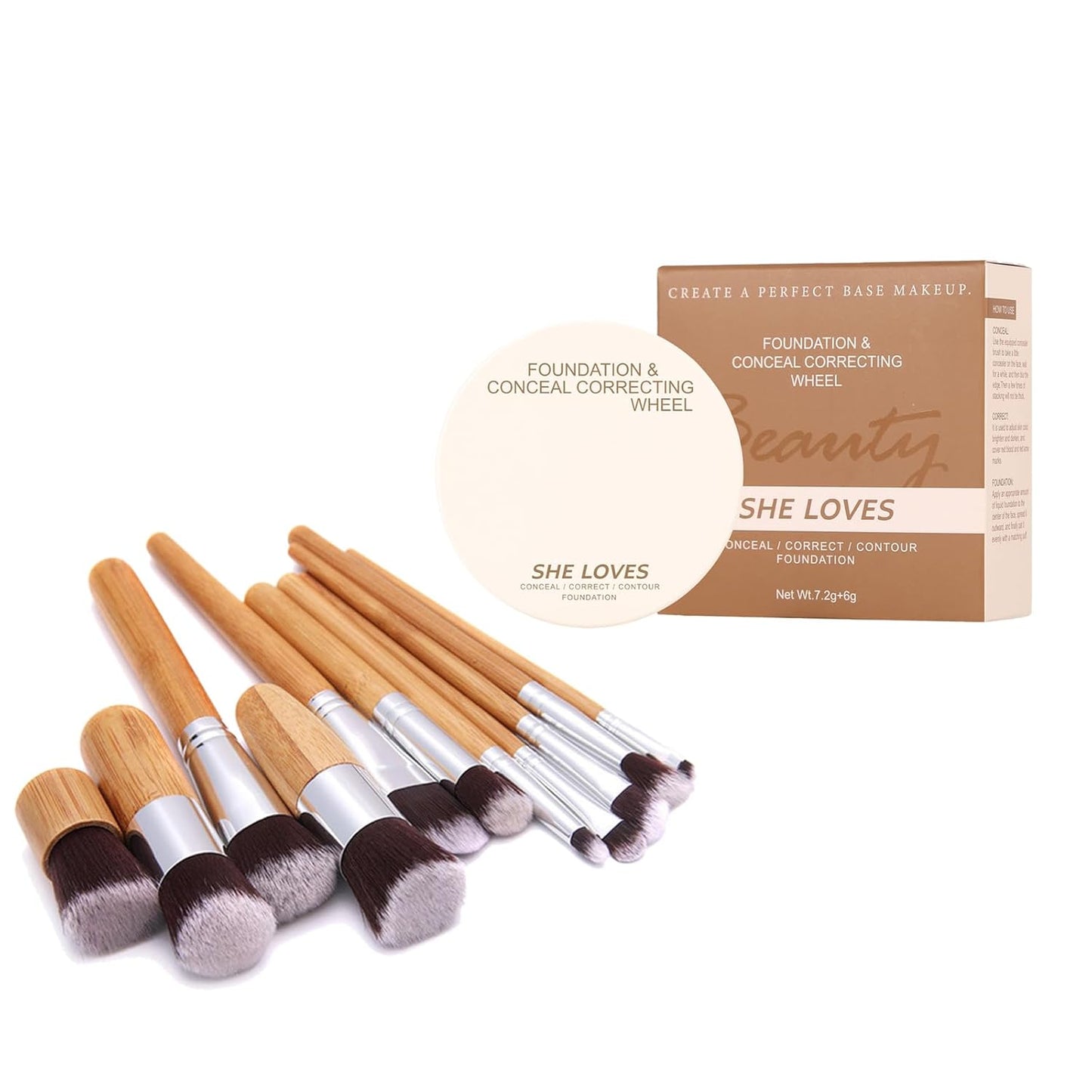 Foundation Concealer Palette with Makeup Sponges & Applicator, 11 Pcs Foundation Powder Concealers Eye shadows Blush Makeup Brushes, 2 in 1 Compact Contouring Duo Layer Plate, Pearl White
