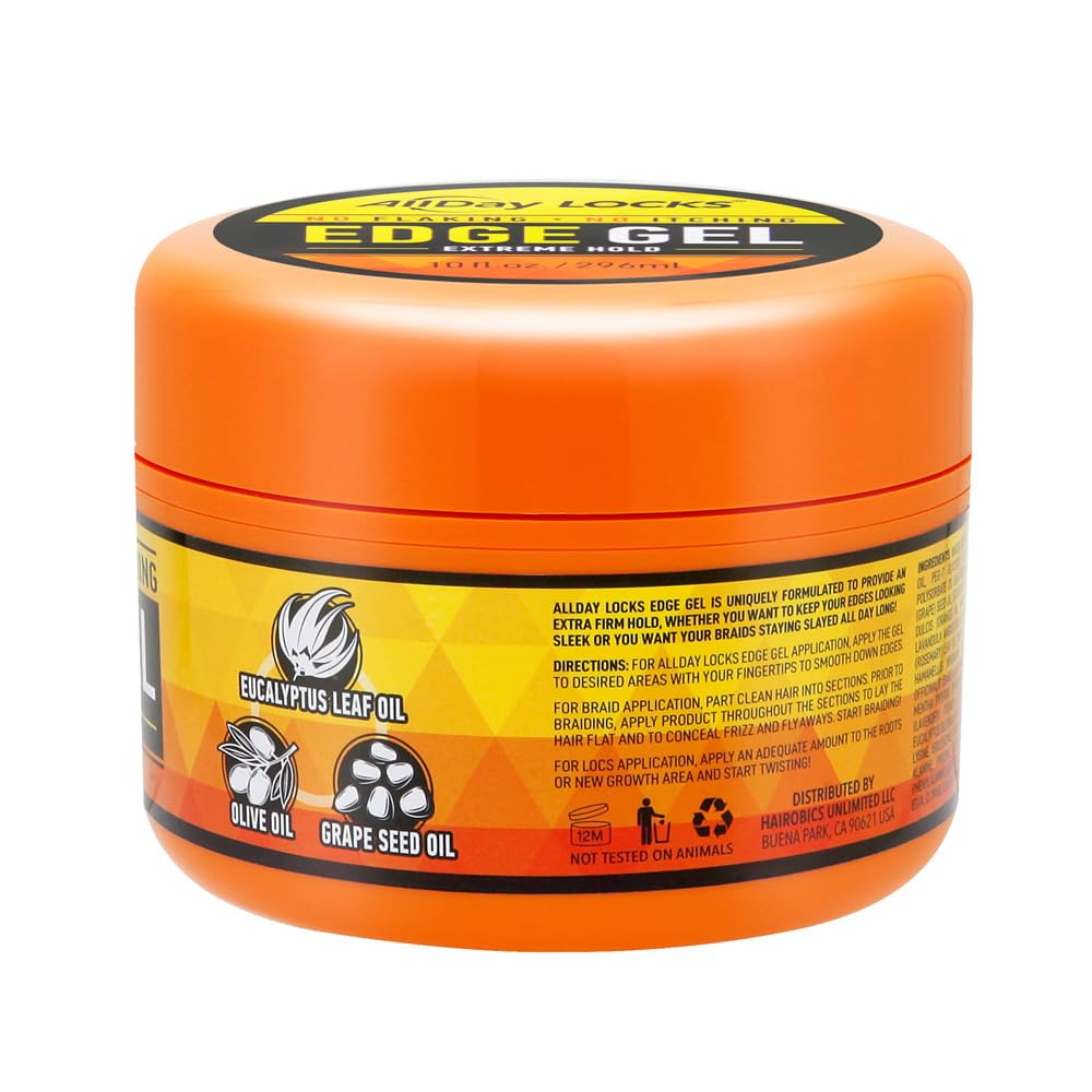 AllDay Locks Edge Gel (10 oz) | Extreme Hold, Moisturizing Edge Control Smoother | Eucalyptus, Rosemary, Olive Oil | No Frizz, Flakes, or Grease | Sleek 'n Slay Edge & Baby Hairs | 10 oz