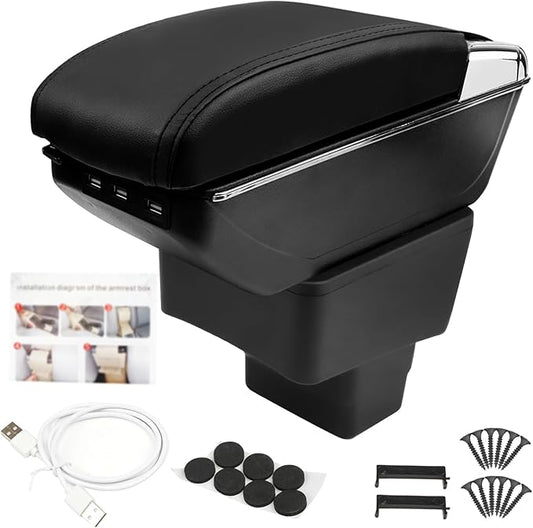 Center Console Armrest Compatible with Toyota Yaris iA Sedan 2017 2018 with 7 USB Port Cup Holder Double Layer Organizer Storage Box (All Black)