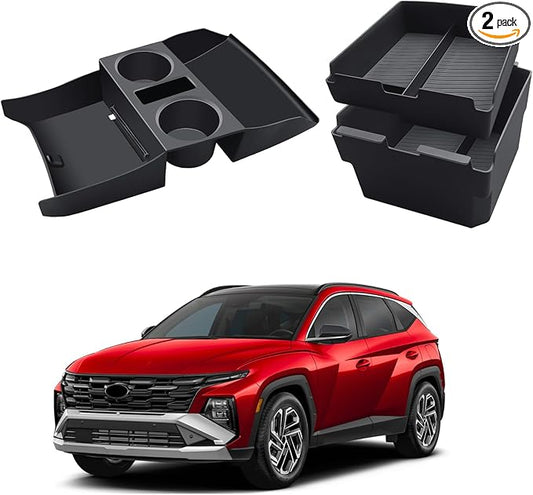 2026 Tucson Center Console Organizer - 2 Pcs Double-Layer Armrest Box Organizer+Lower Center Console Tray for 2025-2026 Tucson(Limited)/Tucson Hybrid - ONLY Fit 2025-2026 Tucson with Electronic Shift