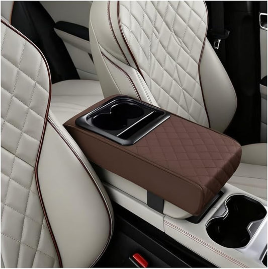 Car Center Console Armrest Pillow, Vehicle Armrest Seat Box Cushion Pad with Cup Holder & Phone Holder, Comfortable Auto Middle Console Cover, Universal for SUV RV Truck (Diamond, Coffee)