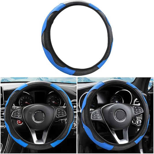 Car Steering Wheel Cover, Microfiber PU Leather Elastic Carbon Fiber Auto Steering Wheel Protector, 15 Inch Breathable Anti-Slip for Women Men, Car Interior Accessories for Most Cars (Black/Blue)