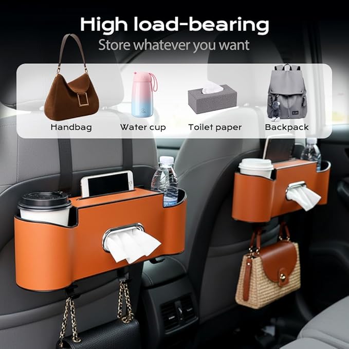 3-in-1 Car Backseat Organizer, 2026 New Multifunctional Back Seat Car Organizer with Cup Holder, Tissue Box, Trash Bin & Hooks for Hold Phones, Snacks, Drinks, Handbags (1, Black)