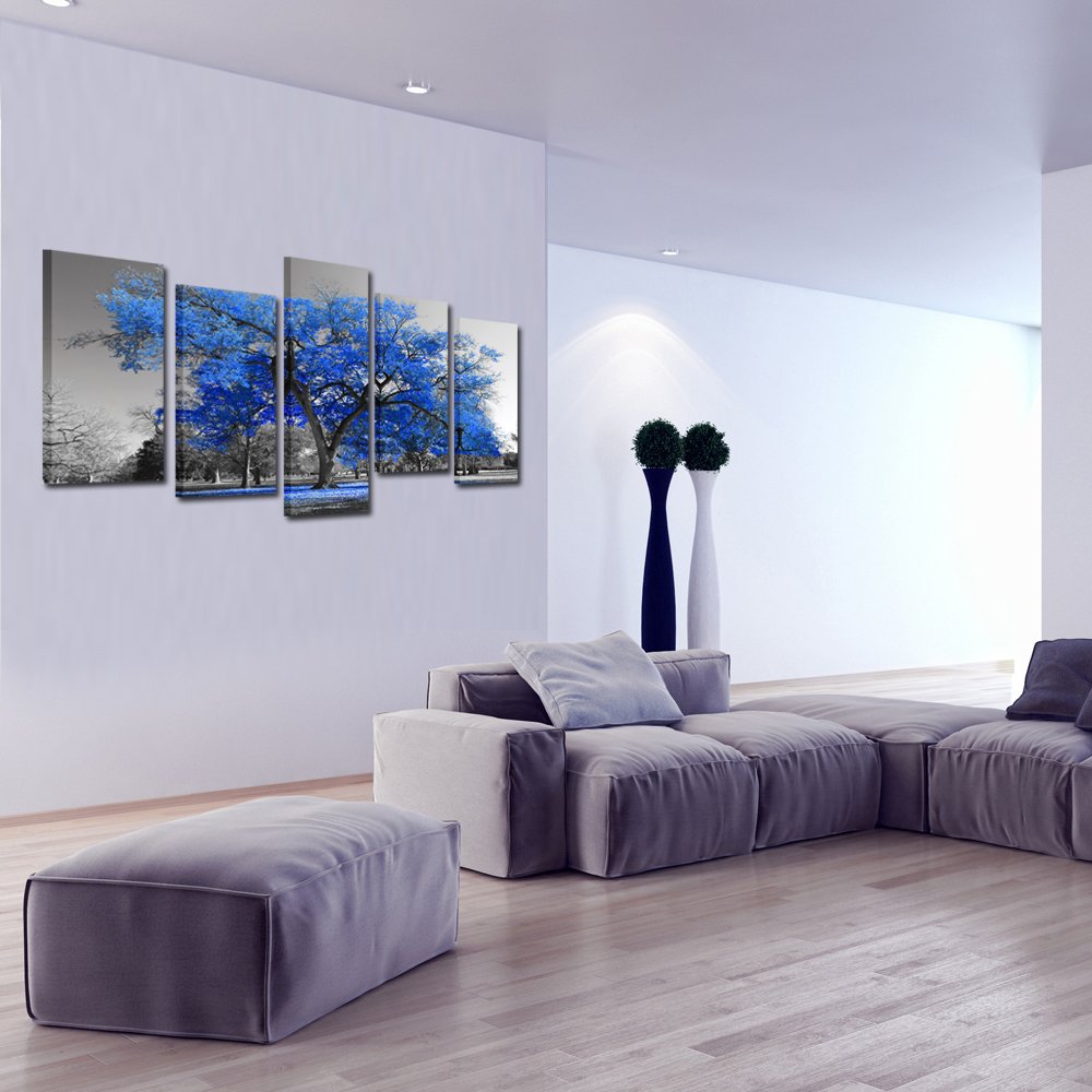 KREATIVE ARTS Canvas Print Wall Art Painting Contemporary Blue Tree In Black And White Style Fall Landscape Picture Modern Giclee Stretched And Framed Artwork (Large Size 60x32inch)