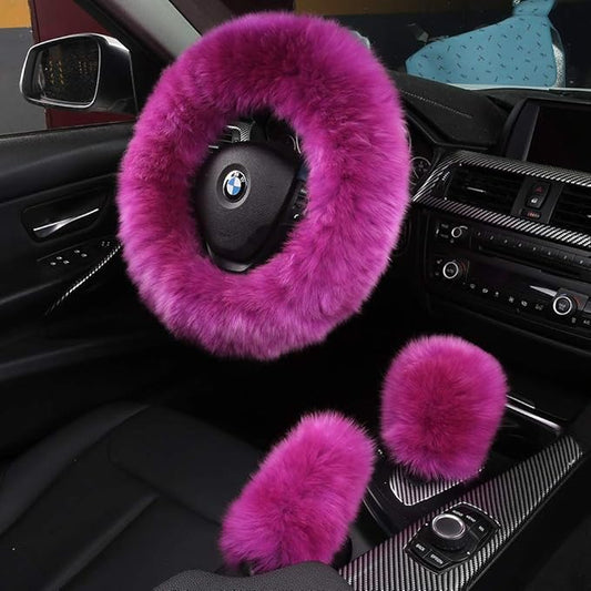 3Pcs Set Fashion Fluffy Fuzzy Wool Fur Soft Car Steering Wheel Cover with Handbrake Cover & Gear Shift Cover for Women/Girls/Ladies Auto Long Wool Accessories