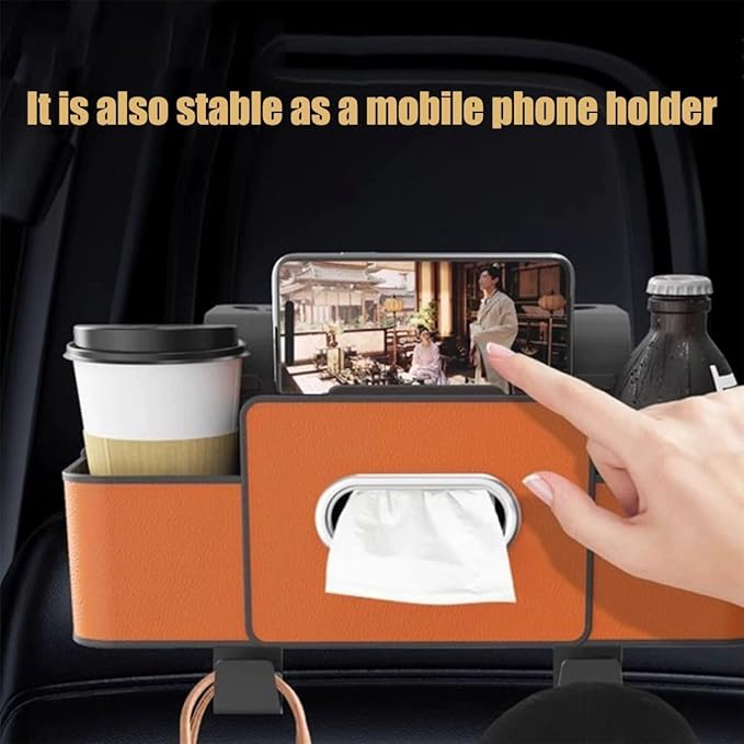 Car Multifunctional Seat Back Waterproof Storage Bag, Multifunctional & Waterproof Car Back Seat Organizer with 2 Cup Holders&Hooks, Hanging Storage Box for Most Cars (white)