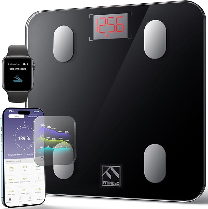 FITINDEX Smart Scale for Body Weight, Scale with BMI, Body Fat, Muscle Mass, Digital, Bathroom, Weighing, Bluetooth, Body Composition Monitor Health Analyzer with App, FSA HSA Eligible, 400lb, Black