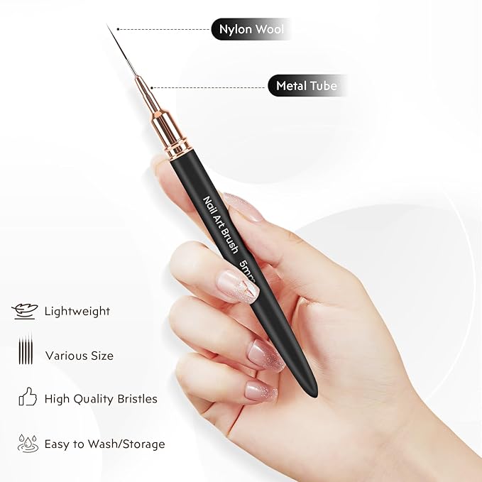 5PCS Nail Art Brushes Set with Pink Leather Case，【Metallic Material】 【Various Size】 【Light Weight】Nail Brush， Nail Brushes for Nail Art，Size：5mm,8mm,12mm,20mm,25mm，Rosegold