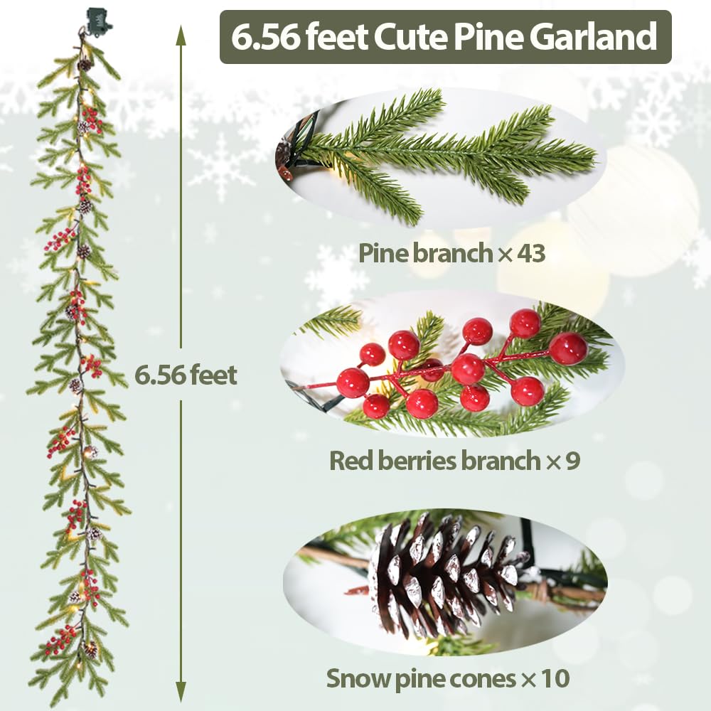 Superior Christmas Garland 6.56 FT 40 Rice LED Pine Garlands with Lights Battery Operated with Timer 8 Flash Modes Christmas Decoration for Mantle Fireplace Indoor Outdoor Holiday Home Xmas Decor