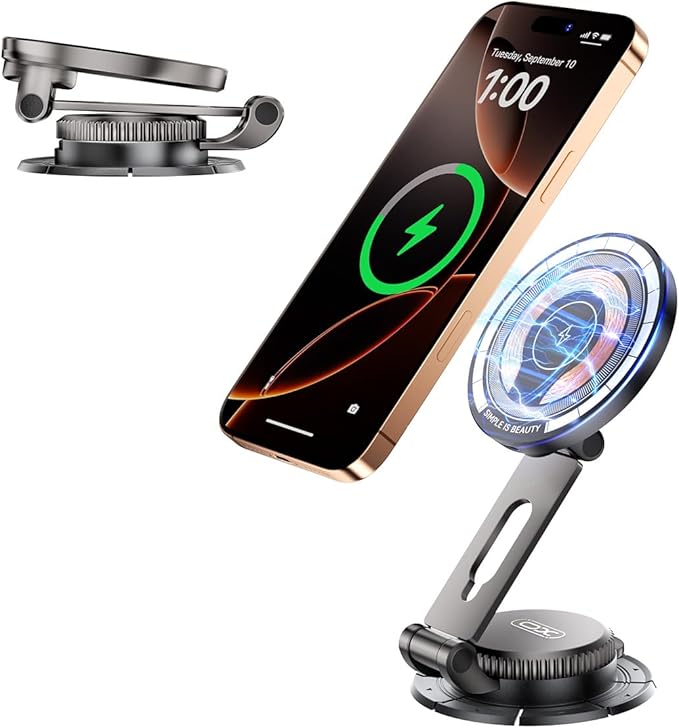 15W Magnetic Wireless Car Mount Charger,XO Foldable and Adjustable Fast Charging Phone Holder, Ultra Mag Safe Car Charger for iPhone 16 15 14 13 12, Gifts for Men/Women