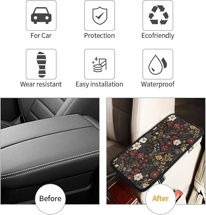Center Console Covers for Cars Flower Pink Red Floral Boho Arm Rest Cover Daisy Black Retro Car Seat Armrest Pad Covers Middle Console Cover Hippie Boho Brown Car Accessories