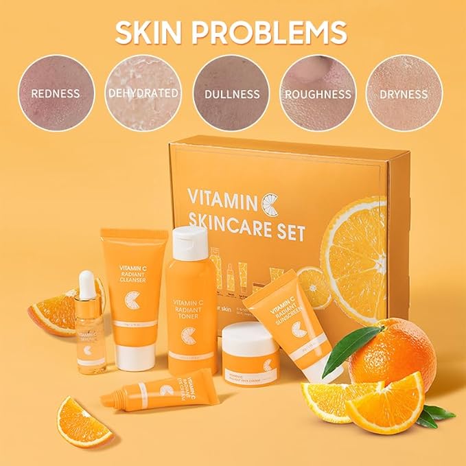 6 Pcs -Vitamin C Skincare Set for Face - with Cleanser, Serum, Eye Cream, Moisturizer, Sunscreen & Toner | Brightening, Hydrating& Anti-Aging,Perfect for Teens & Girls,Moisturizing Face Skin Care Kit