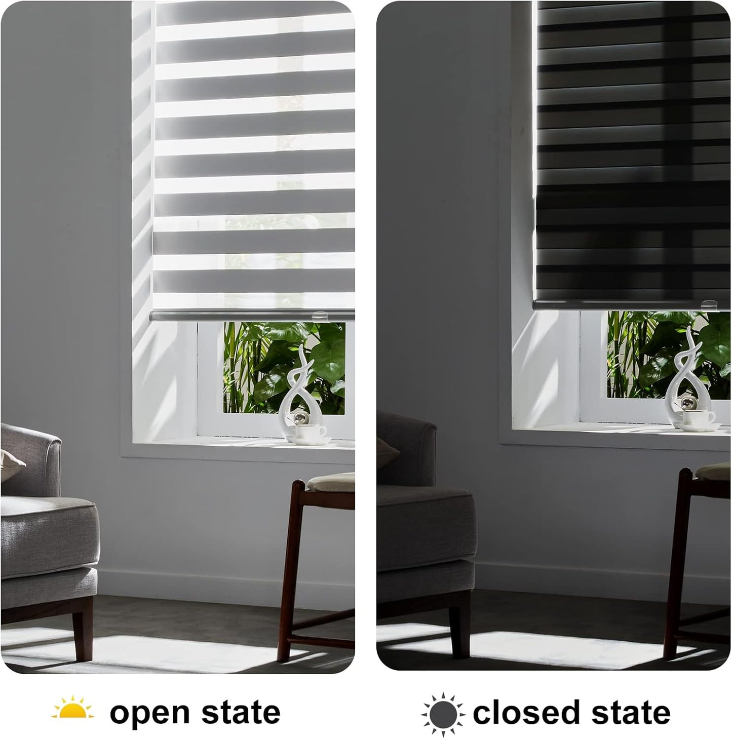 Persilux Cordless Zebra Blinds for Windows Free-Stop Roller Window Shades (70" W X 64" H, Grey) Dual Layer Light Control for Day and Night, Light Filtering Sheer Shades for Home, Easy to Install