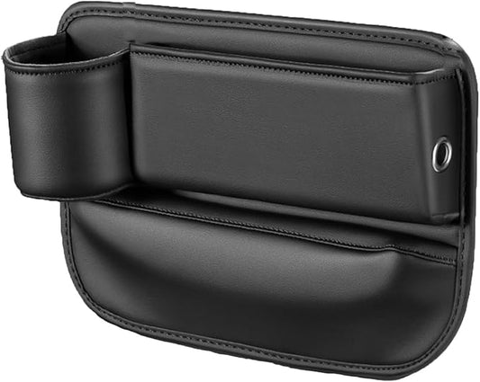 Car Seat Gap Filler with Cup Holder Multi Functional Leather Organizer for Vehicles Universal Storage Box for Drivers Side Car Seat Bags for Phones Glasses Keys Cards Ideal for Men and Women (Black)