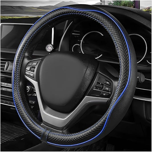 Car Steering Wheel Cover, 15 Inch Anti-Slip Breathable Leather Auto Steering Wheel Protector, Full Surround Soft Steering Wheel Cover for Men Women, Car Interior Accessories (Black & Blue)
