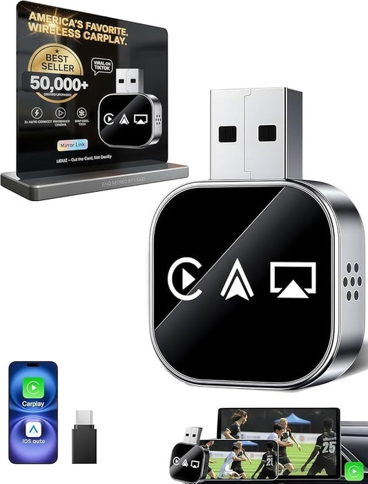 2026 Upgraded 3-in-1 Wireless CarPlay Adapter for iPhone & Android Auto, 5.8G WiFi No-Lag Dongle, Wired to Wireless Converter with Mirror Link 4K Streaming, Fits 98% Cars (USB-A/C)