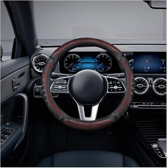 Car Steering Wheel Cover, Anti-Slip Leather Breathable Comfortable Automotive Steering Wheel Cover Protector Decoration for Men and Women, 15 Inch Universal for SUV, Truck, RV（Wine Red）