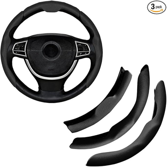 Car Steering Wheel Cover, Nappa Leather 15 Inch Snap-On 3PCS Set Vehicle Steer Wheel Wrap Protector, Non-Slip Automotive Interior Protection Accessories, Universal Fit (Black)