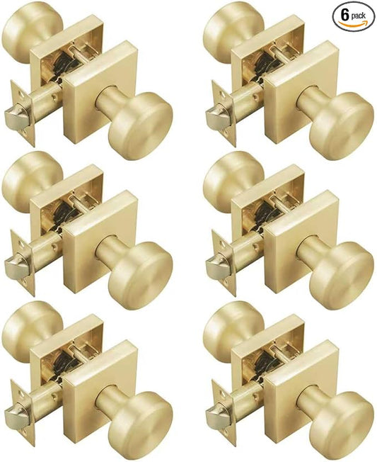 6 Pack Brushed Gold Door Knobs Interior, Pismo Doorknob with Square Rosette for Hall