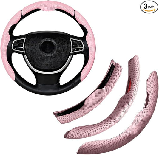Car Steering Wheel Cover, Nappa Leather 15 Inch Snap-On 3PCS Set Vehicle Steer Wheel Wrap Protector, Non-Slip Automotive Interior Protection Accessories, Universal Fit (Pink)
