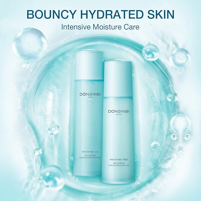 Donginbi Hydra Bounce Skin Care Set - Hydrating Toner(5.07 floz), Korean Red Ginseng Essence(4.4 floz), Firming Cream, and Face Moisturizer with Hyaluronic Acid, Korean Skin Care Gifts for Women
