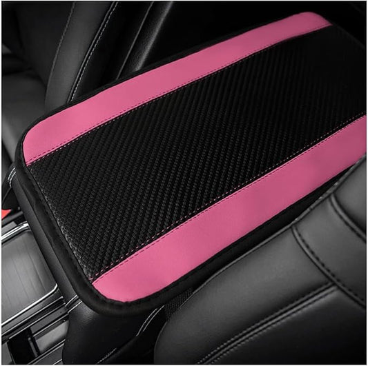 Car Center Console Pad, PU Leather Auto Armrest Seat Box Cover Protector, Comfortable Arm Rest Storage Box Mat for Vehicle Interior Protection, Universal Car Accessories (Carbon Fiber Pink)