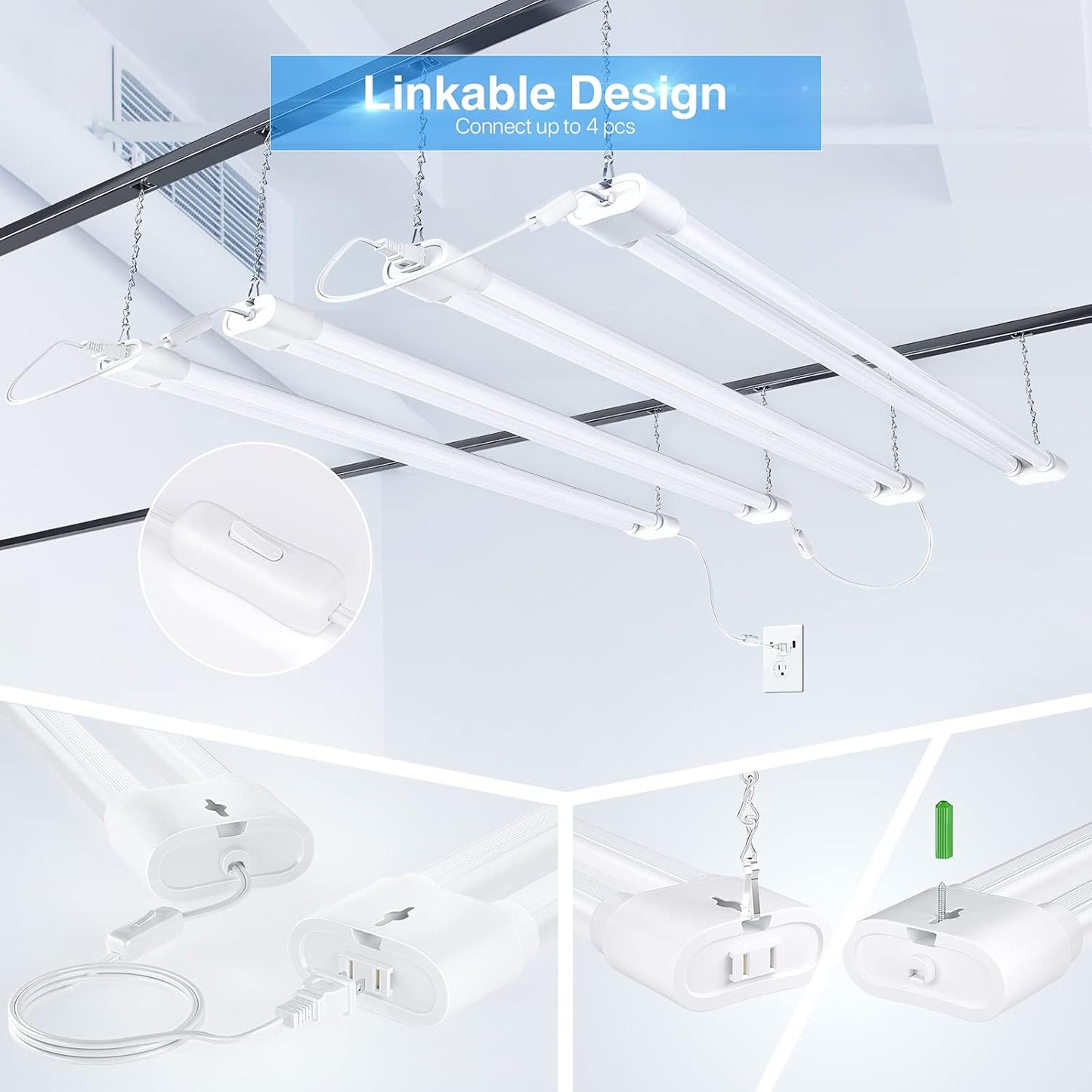 Ensenior 10 Pack Linkable Led Shop Light 4ft for Garage, 4400 High Lumens, 36W Equivalent 280W, 5000K Daylight, 48 Inch Utility shop led lights, Surface or Hanging Mount Fixtures, White, ETL Certified