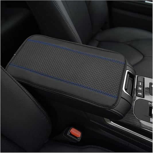 Car Armrest Storage Box Mat, Leather Embossing Auto Center Console Cushion Protective Pad, Anti-Scratch Waterproof Armrest Seat Box Protector for Most Cars Trucks SUVs (Black & Blue)
