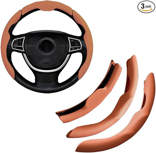 Car Steering Wheel Cover, Nappa Leather 15 Inch Snap-On 3PCS Set Vehicle Steer Wheel Wrap Protector, Non-Slip Automotive Interior Protection Accessories, Universal Fit (Orange)