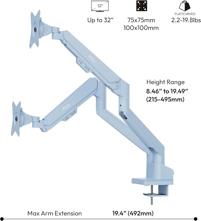 Pixio PS1D Wave Blue Dual Monitor Arm Stand Desk Mount