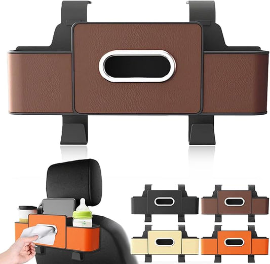 Car Organizers and Storage Box, 2026 New Multifunctional Car Seat Back Storage Box, Multifunctional Car Back Seat Storage Organizer-Carstorage Bag with 2 Cup Holders, Tissue Box, Hooks (Brown)